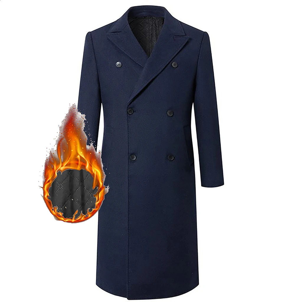 Highquality mens autumn and winter thickened quilted long kneelength woolen coat doublebreasted 240814