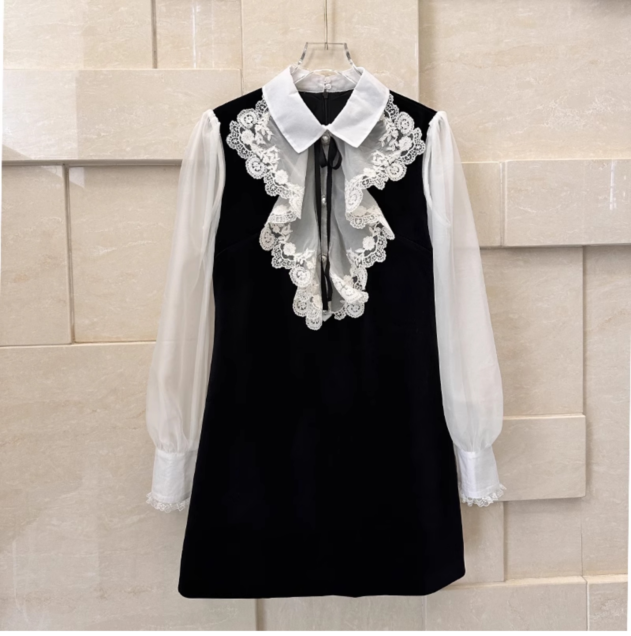 2024 automne noir revers cou manches longues mince femmes robe concepteur robes De Festa Milan robe De piste 8151