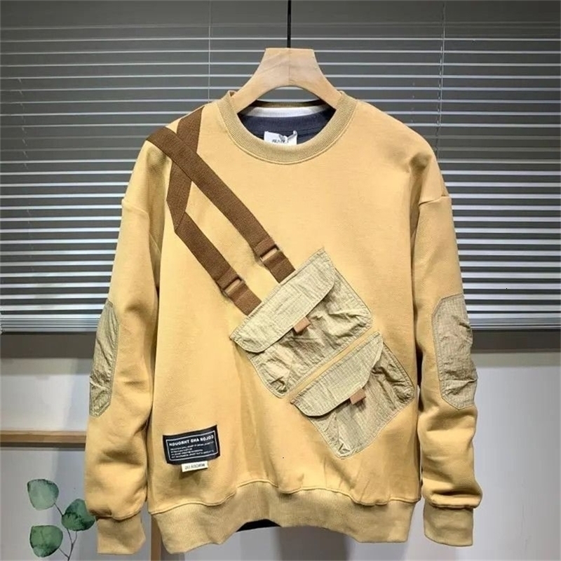 Mens Round Neck Patchwork Hoodie Autumn Winter Trendy Long Sleeve Pullover Bright Line Decoration Loose Fashion Casual Tops 240814