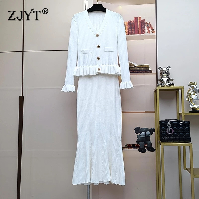 ZJYT Autumn Winter 2 Piece Set Knitted Suit Flare Sleeve Cardigan Sweater Mermaid Skirt Women Fashion Party White Outfit Ladies 240815