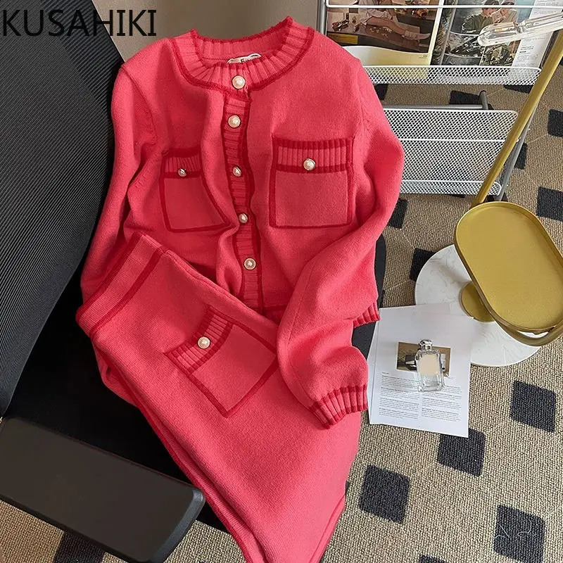 KUSAHIKI Spring Elegant Knitted Two Pieces Sets Long Sleeve O-neck Sweater Cardigan Coat High Waist Slim Skirt Women 240815