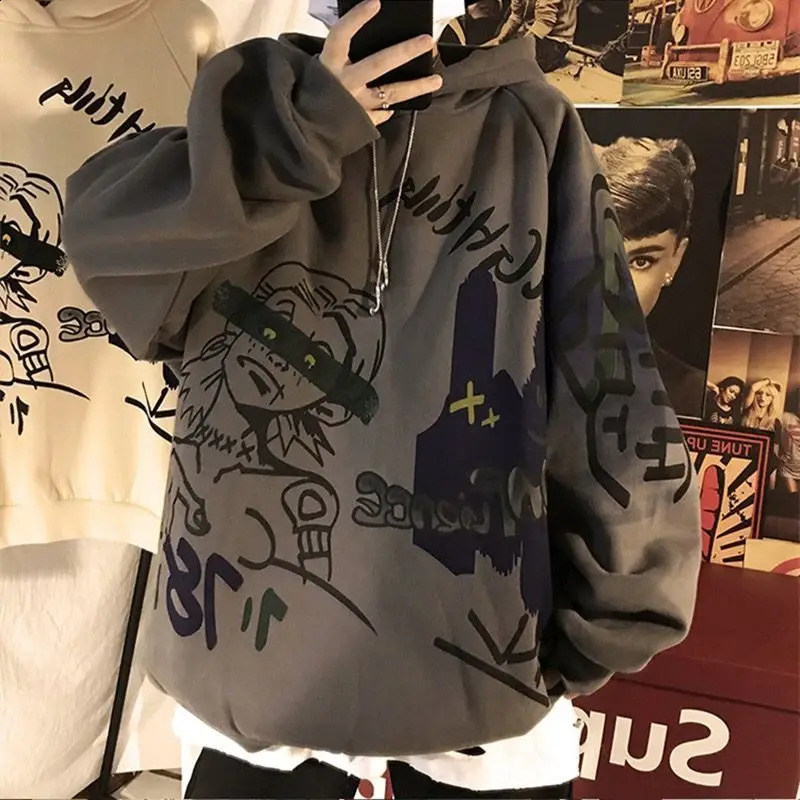Autumn and winter Korean style trend plus fleece hooded sweater men graffiti hip-hop all-match loose printed coat couple sweater 240815