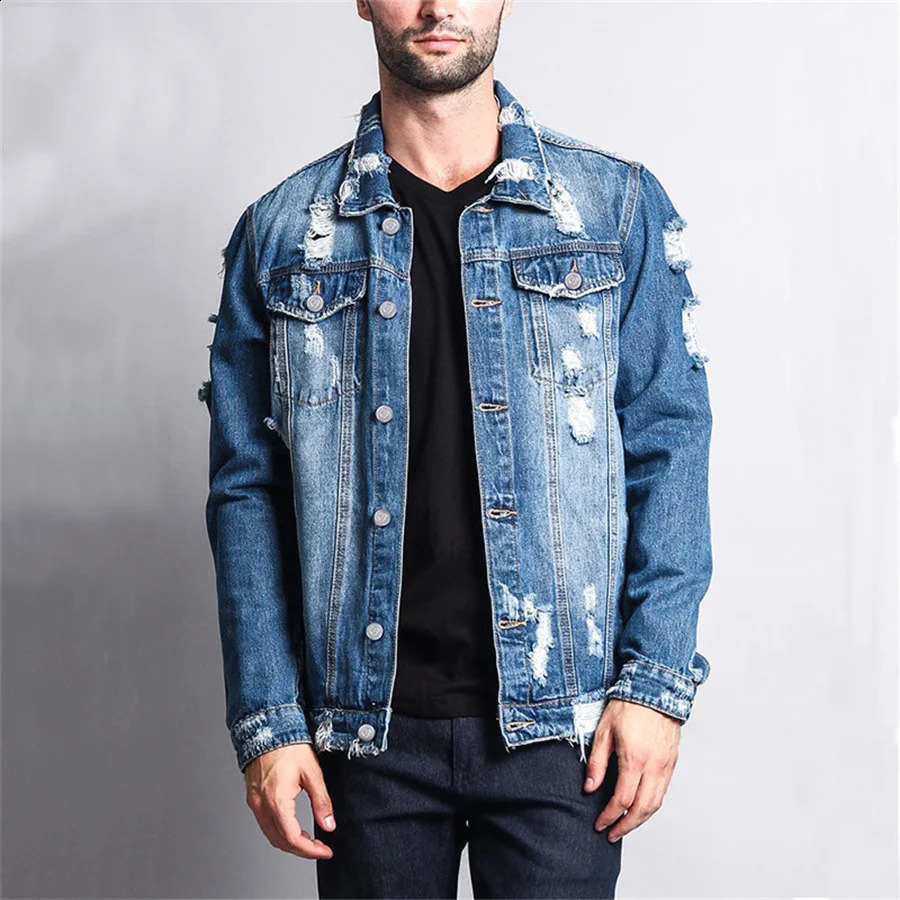 2024 Spring/Autumn Mens Denim Jacket Fashion Hip Hop Tear Fashion Jacket Mens Casual Windproof Denim Jeans Street Clothing 240814