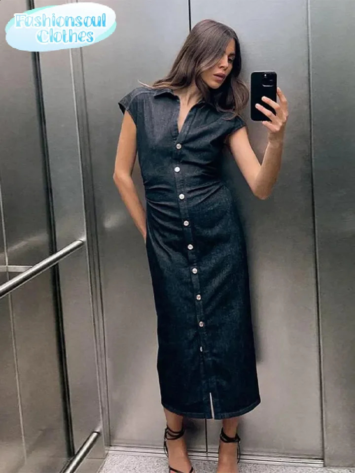 Fashion Denim Robes de revers à semets simples Femmes Élégantes Vestidos de la robe longue plissée plissée