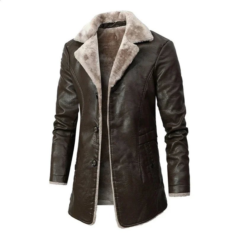 2023 Men Winter Long Thick Fleece PU Leather Jacket Fashion Suit Collar Mens Windbreaker Coats 240814