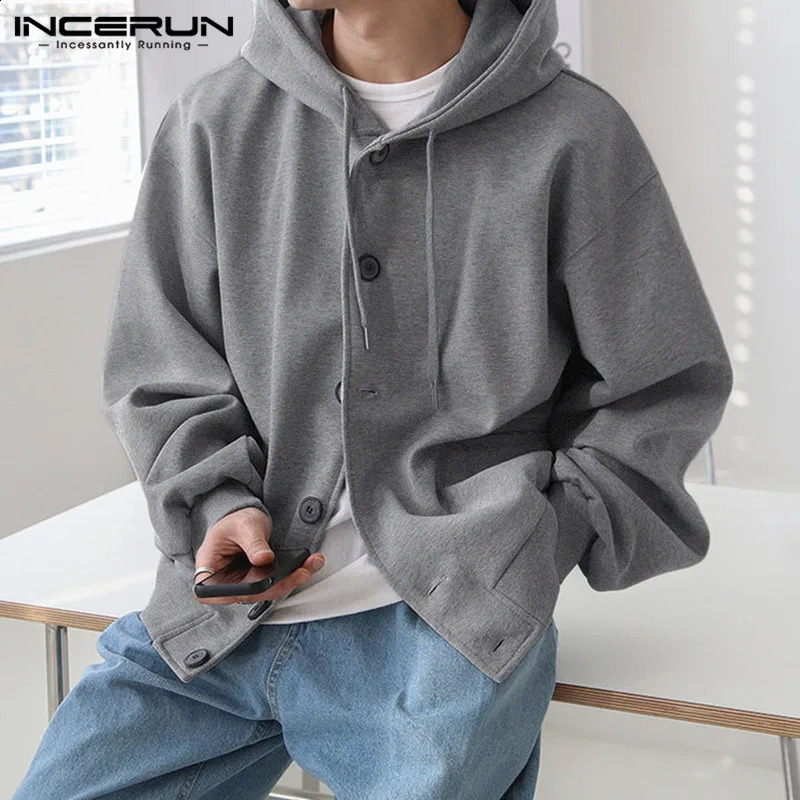 INCERUN Tops Korean Style Mens Solid Loose Fitting Hooded Button Sweater Casual All-match Sweatshirts S-5XL 240815