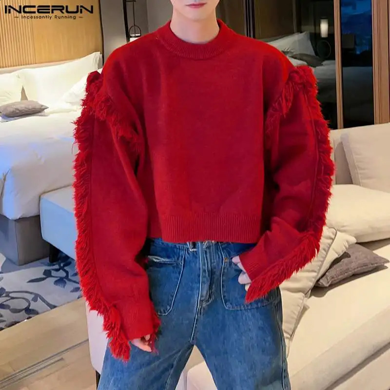 INCERUN Tops Korean Style Mens Pullover Solid All-match Sweatshirts Tassels Trimmed Long Sleeved Sweaters S-5XL 240815