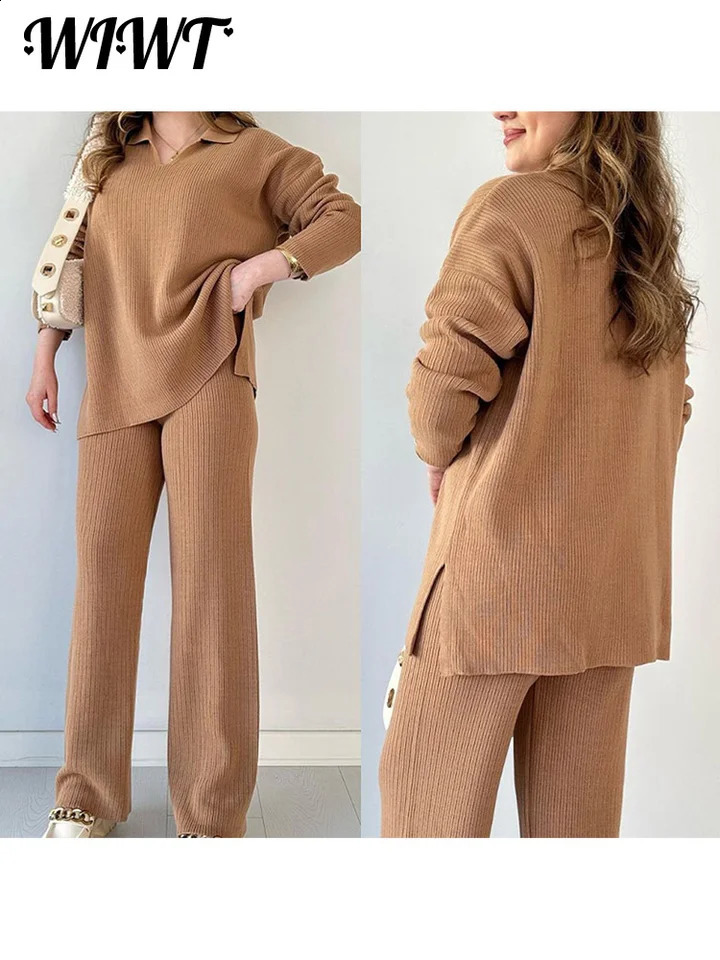 Fashion Solid Color Pants Suit Womens Autumn Winter Long-sleeved Vent Knitwear Slim Straight Trousers Female 2 Piece Sets 240815