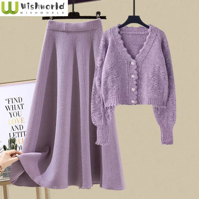 Autumn and Winter Set Womens Korean Edition Slim Knitted Cardigan Top Casual Half Skirt Two Piece Set Fashion 240815