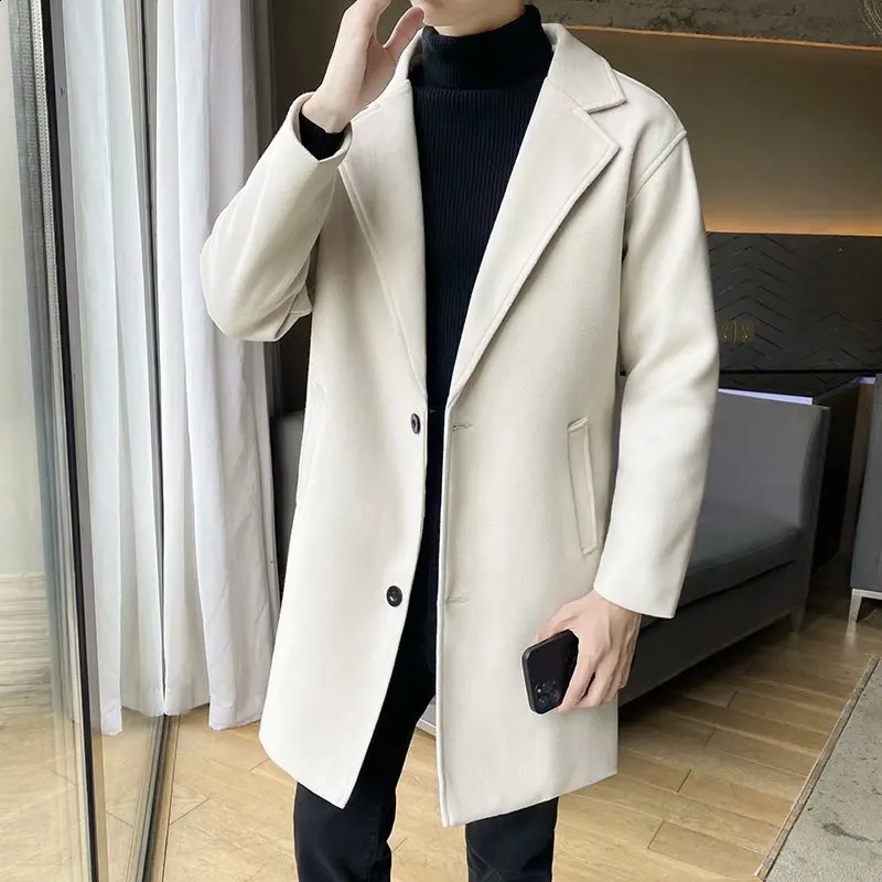 Light wind spring and autumn long woolen coat mens Korean version trend slim trench 240814