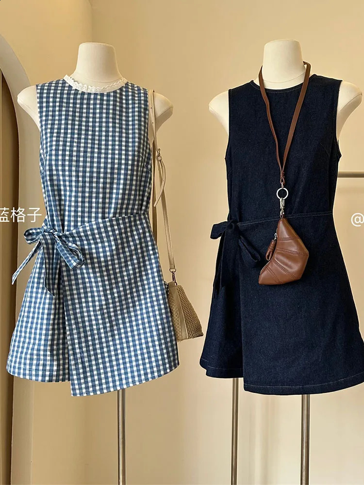 American Style O-Neck Neck Solid Sleeveless Plaid One-Piece Dress Spring Summer Women Casual A-Line Denim Frocks Formal Occasion 240815