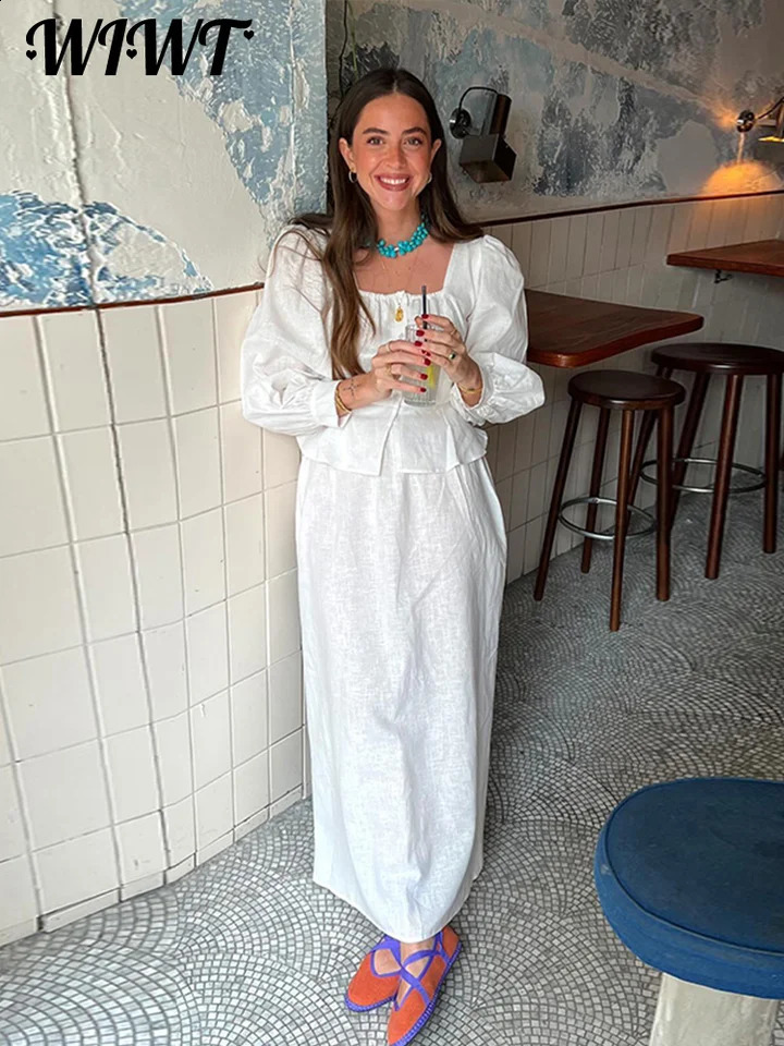 White Lantern Sleeve Blouse Skirt Suit Women Square Collar Button Long Skirts 2 Pieces Set Female Spring Chic Skirts Outfit 240815