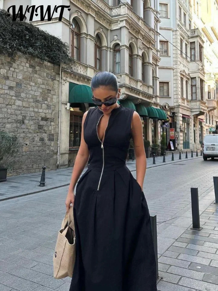 Élégant Femmes sans manches solides Mode Maxi Robe V-Neck Zipper Slim Robes plissées du bureau d'été Dame Robes de trajet 240815
