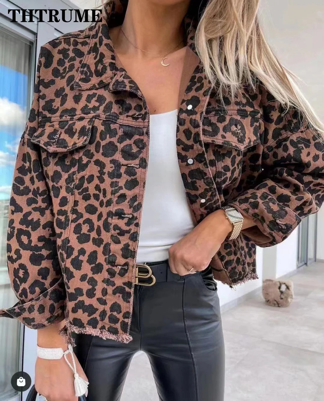 Womens denim jacket autumn warm long sleeved leopard print single chest retro jacket casual office womens chic jacket 240814