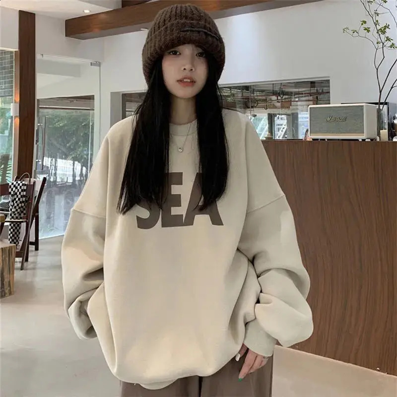 Preppy Style Letter Print Pullover Sweatshirt Women Korean Fashion Autumn Winter Long Sleeve Loose O-neck Solid Pull Tops Coats 240815