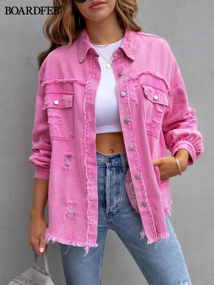 Women Ripped Denim Jacket Spring Casual Distressed Jean Long Sleeve Tops with Pockets Ladies Tassels Solid Coat Loose Outwear 240815