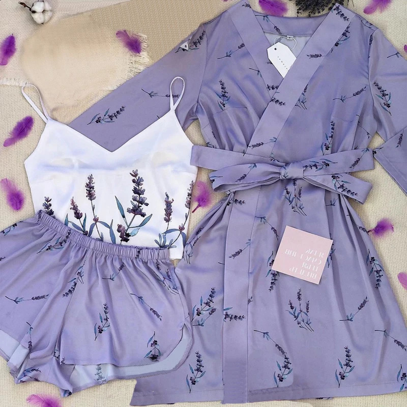 Pantalon de pyjama sexy à imprimé lavande Summer Set 3 pièces en satin avec robe de sommeil en soie et vêtements de nuit confortables 240815