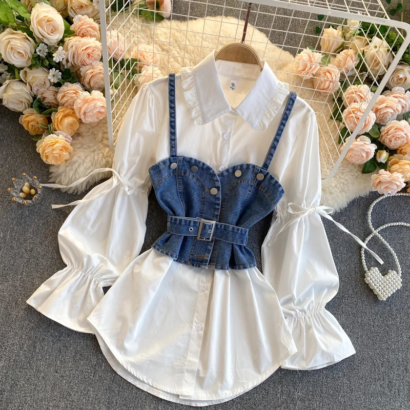 Retro denim vest and shirt 2PCS womens set ruffled lace bubble sleeves loose shirt denim pendant vest two-piece set 240814