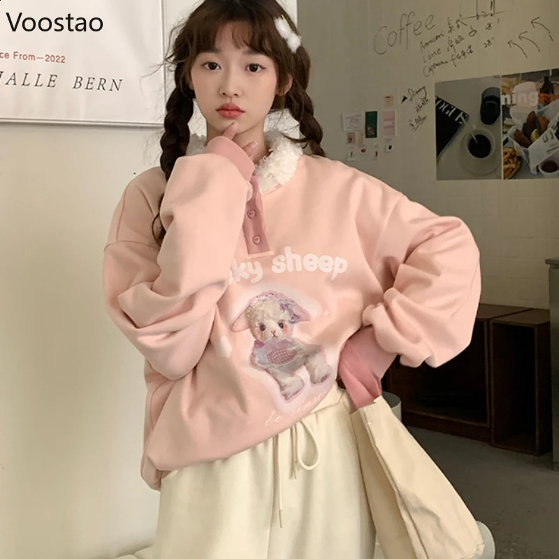 Cute Cartoon Sheep Lolita Hoodies Women Sweet Plush Collar Pullovers Y2k Cute Sweatshirt Korean Autumn Winter Clothes Women Tops 240815