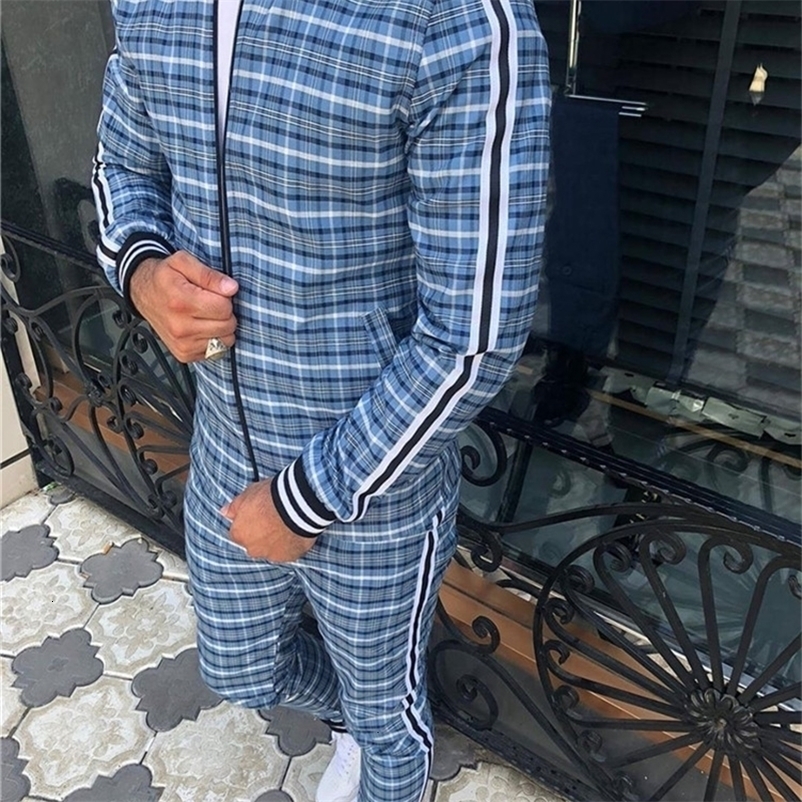 Men 3D Plaid Sports Gentlemen Sets Jacket Set Tracksuit Street Fashi Trend Fashion Standup Collar Zipper Sportswear Suit y240814
