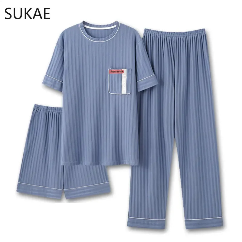 SUKAE Mens Pajamas Set Summer O-neck Vest Shorts Knitted Faux Cotton Pijamas Leisure Loungewear Casual Bottoms Man Sleepwear 240814