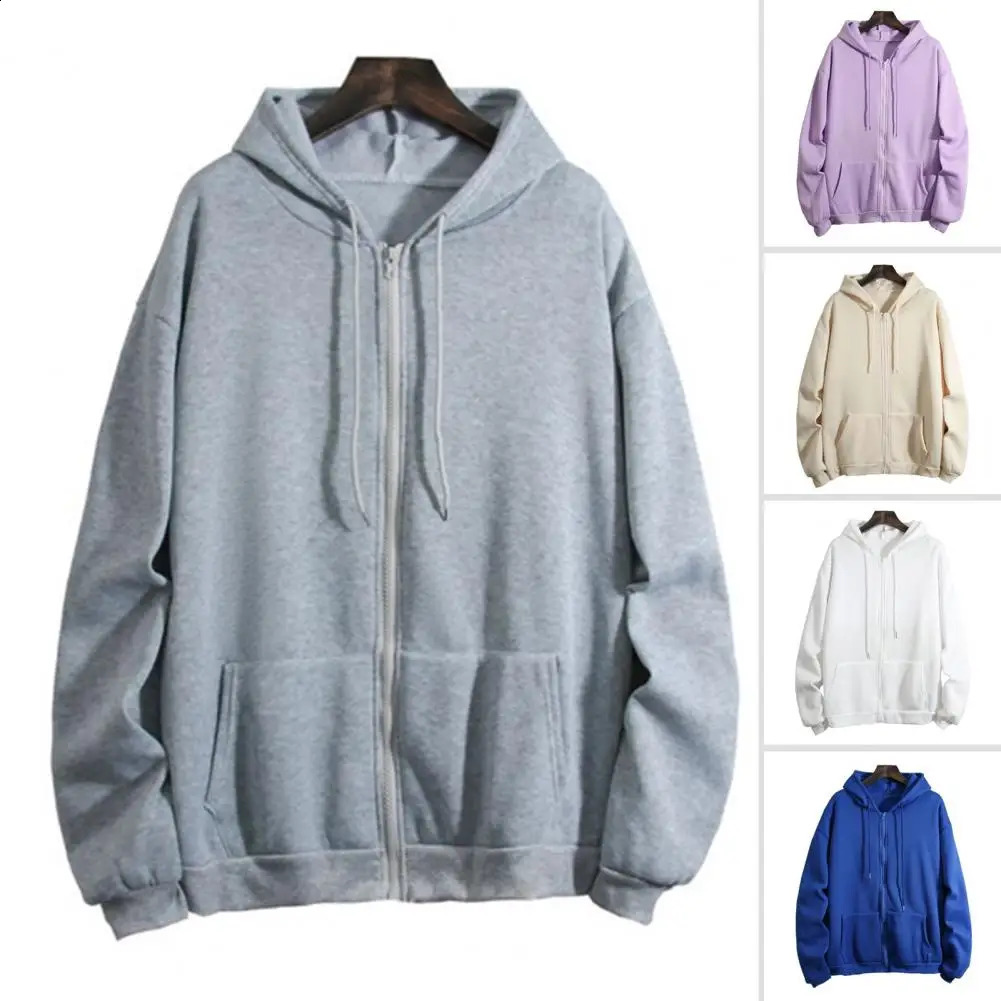 Harajuku Men Womens Hoodie Coat Zipper Loose Long Sleeves Cardigan Pockets Drawstring Hooded Plush Spring Coat Male Clothes 240814
