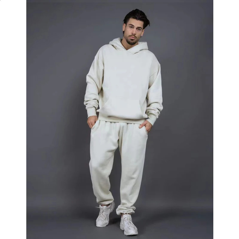 autumn and winter mens 2PCS set sports shirt high-quality plush solid hooded sweatshirtcasual warm sportswear mens clothing 240814
