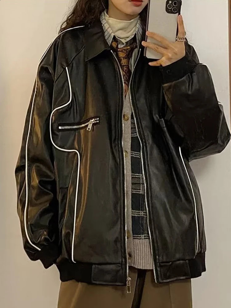 Houzhou Motorcycle Le cuir veste hommes Pu Coat Hip Hop Cardigan Male Harajuku Casual Automne Streetwear Biker Bomber Ourwear 240814
