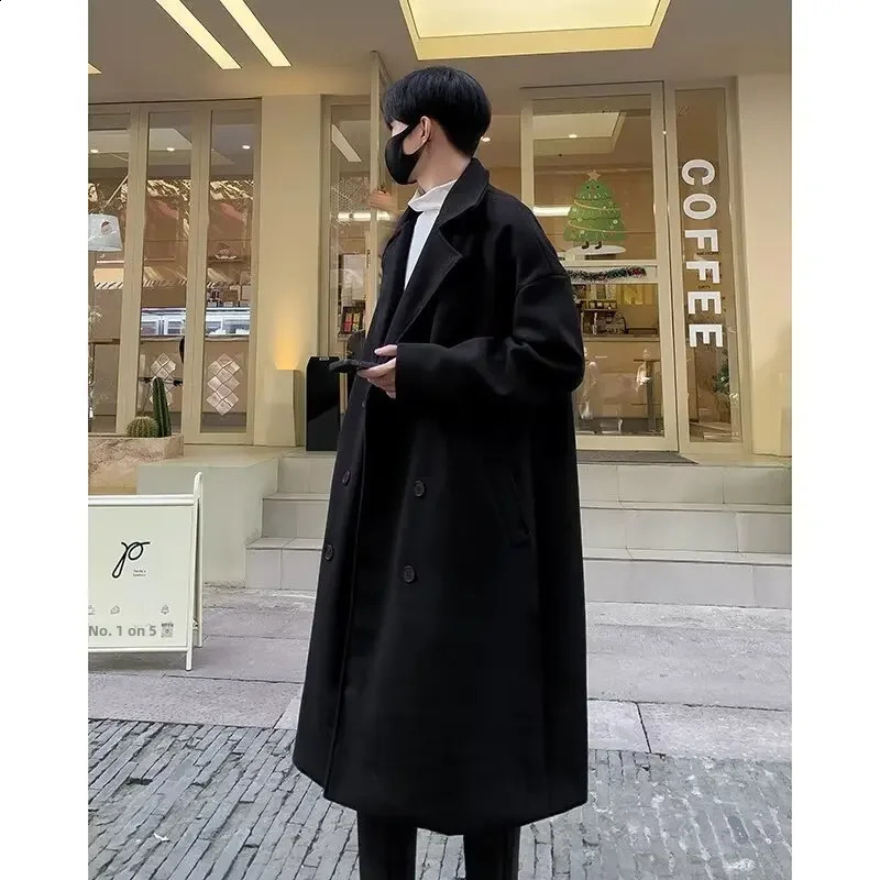Mens medium to long double row button wool jacket thickened fashionable casual and loose jacket 240814