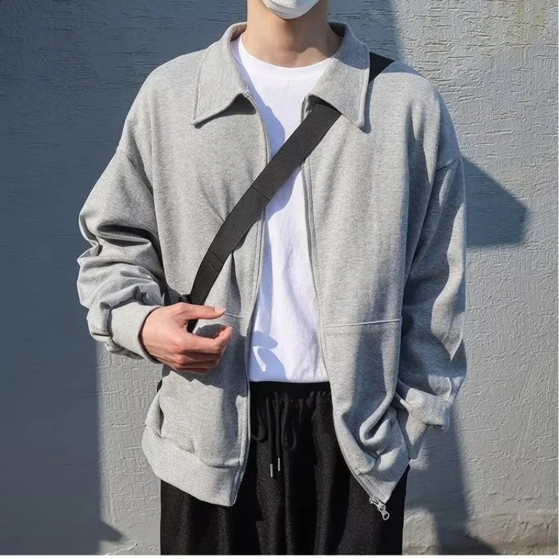 Grey Long Sleeved Cardigan Hoodie Solid Colors Loose and Trendy Korean Version Fashion Double Zippered Spring Top for Men 240815