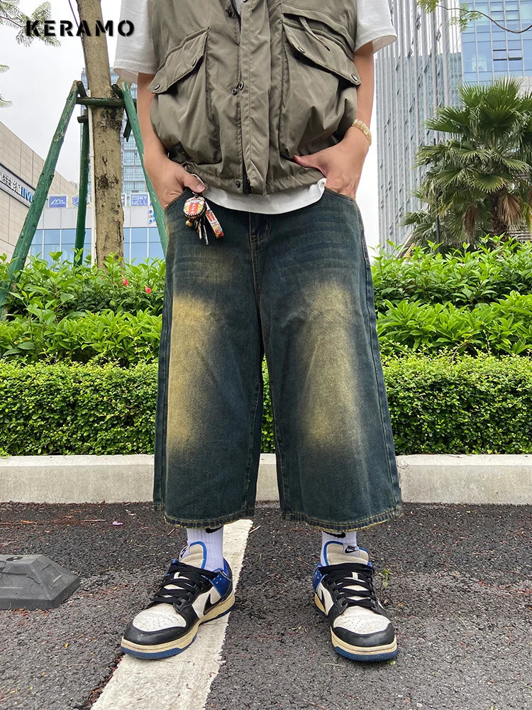 Streetwear Style Mid Long Vintage High Waist Jeans Korean Womens Y2K Wide Leg Shorts Baggy Washed Grunge Denim 240820