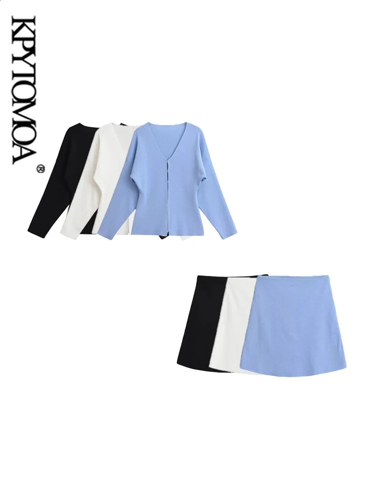 Kpytomoa femmes côté mode fente cardigan tricot ajusté pull de cardigan et taille haute jupe de taille élastique