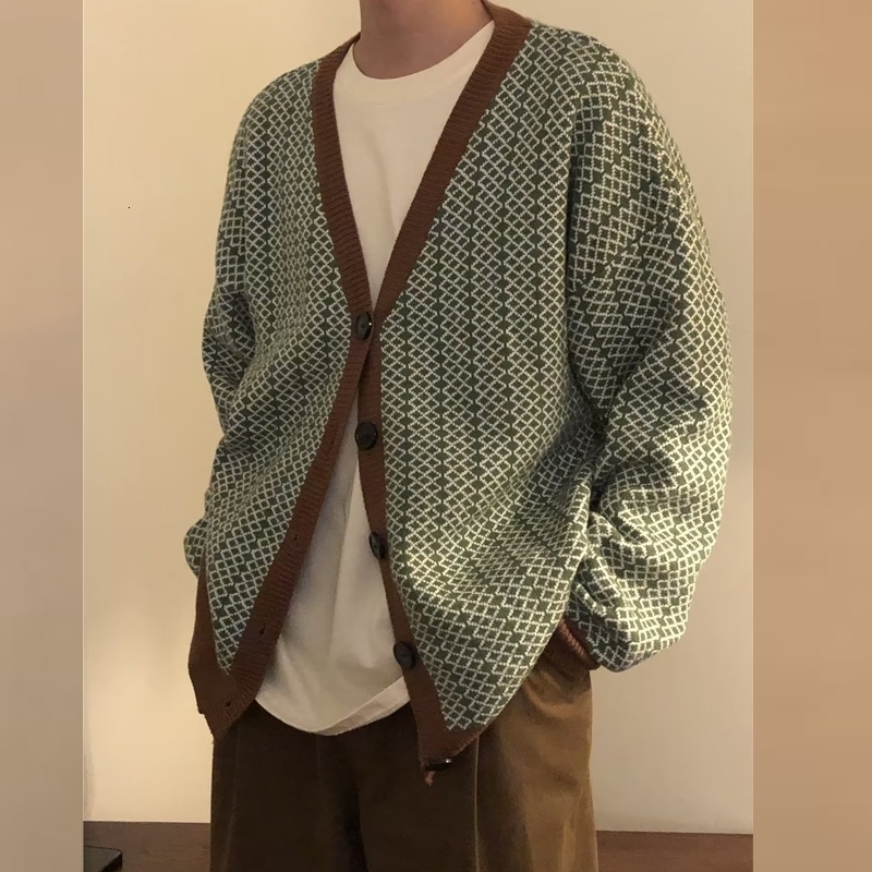 Retro patch work ribbed V-neck sweater cardigan wool sweater mens fashion button down knit jacket mens autumn loose long sleeved sweater 240814