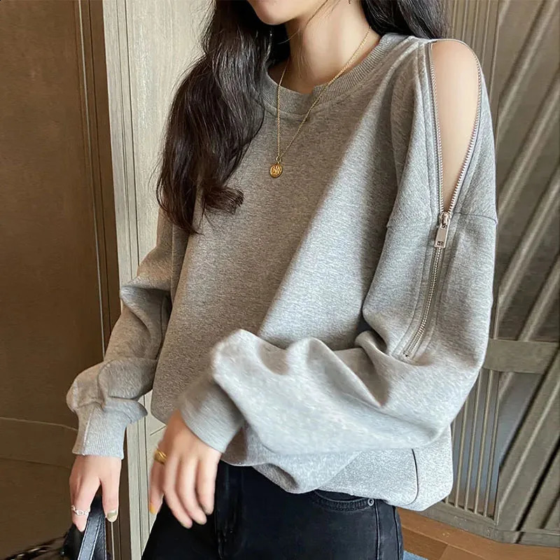 Korean Gray Sweatshirt Women Long Sleeve Sexy Off Shoulder O-Neck Basics Tees Loose Zipper Casual Fashion Solid Pullover 240815