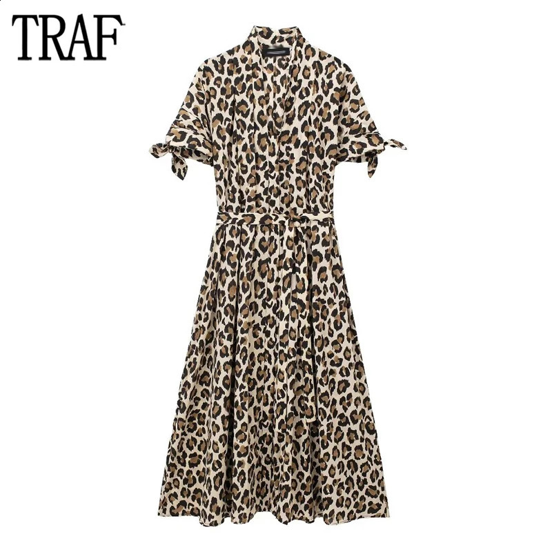 Traf Leopard Print Shirt Robe Femme ceinture Robes midi plissées pour femmes Bouton d'été Longue femme courte manche Femmes Robe 240815