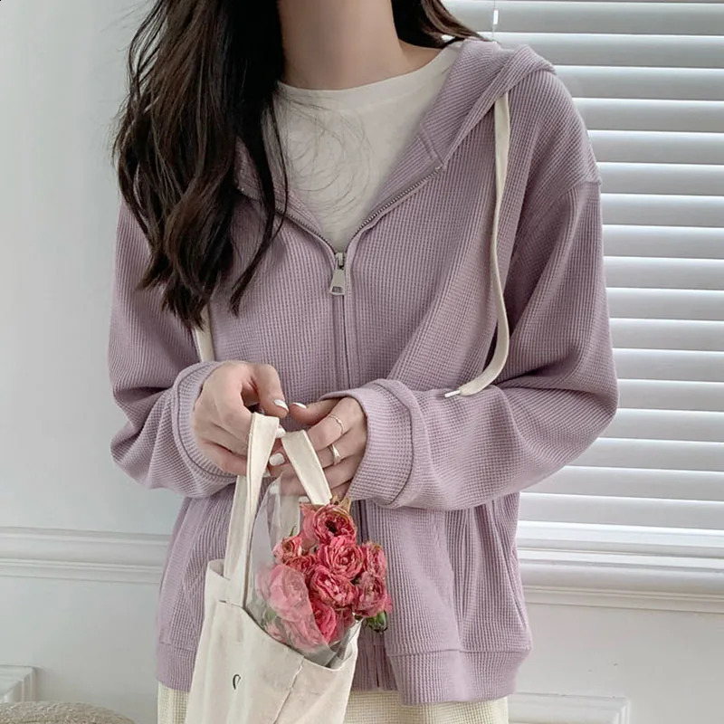 Xpqbb Korean Zipper Hooded Sweatshirts Women Casual Preppy Style Purple Long Sleeve Outerwear Autumn Oversize Loose Hoodies Tops 240815
