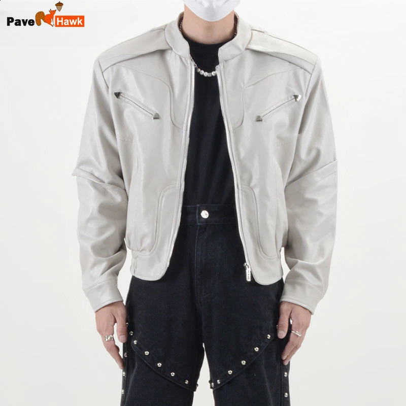 Motorcycle Leather Jacket Men Cropped Pilot Spliced Metal Derocation Outerwear Korean Fahsion Retro Bomber Racing Pu Coat 240814