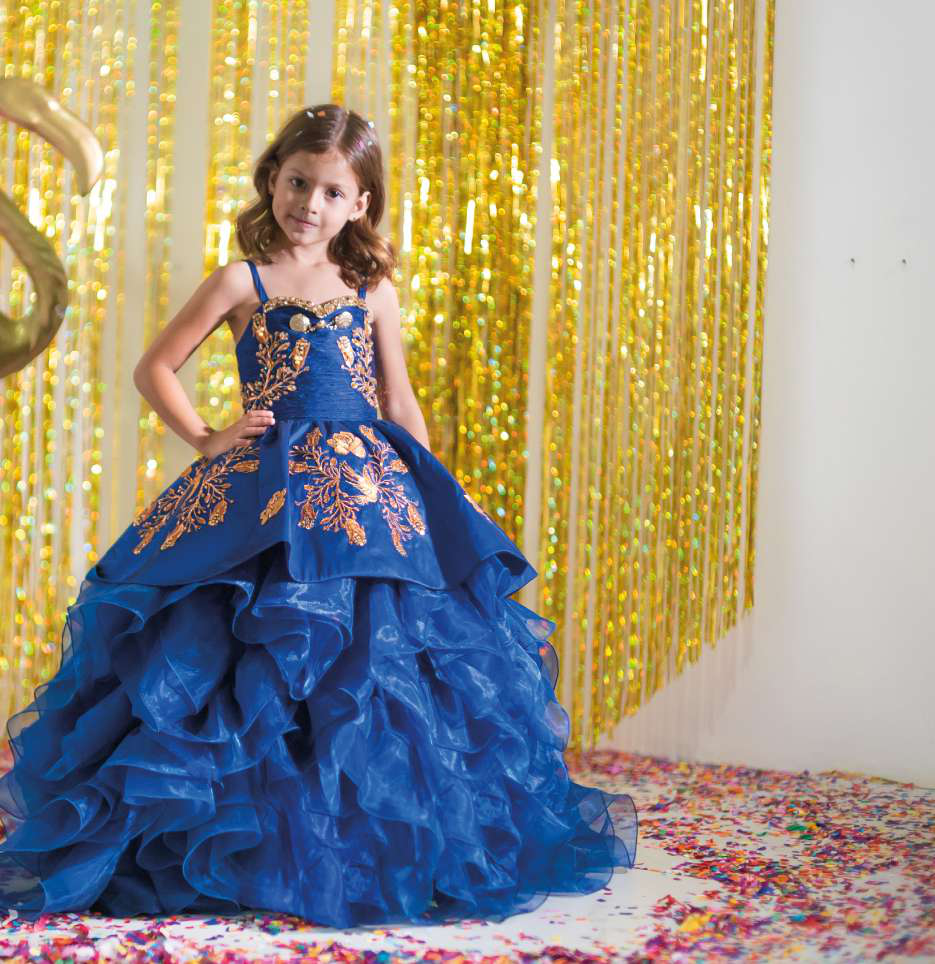 Blue Royal Mini Quinceanera Robes de bal robe de bal Spaghetti Stracts Organza Ruffles Appliques Robes de fille de fleur pour mariages