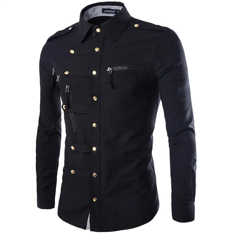 Spring Autumn Casual Shirts Men Long Sleeve Square Collar Cargo Shirt Mens Fashion Zippers Slim Fit Solid Color Dress Shirt Man 240815