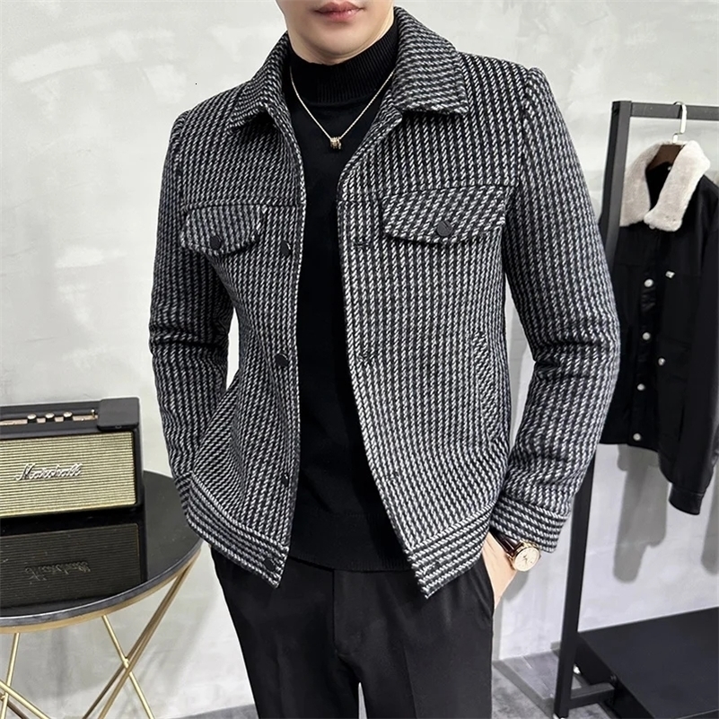Winter Mens Woolen Jacket Lapel Fur Collar Trench Coat Casual Business Wool Blends Social Streetwear Overcoat Men Clothing y240814