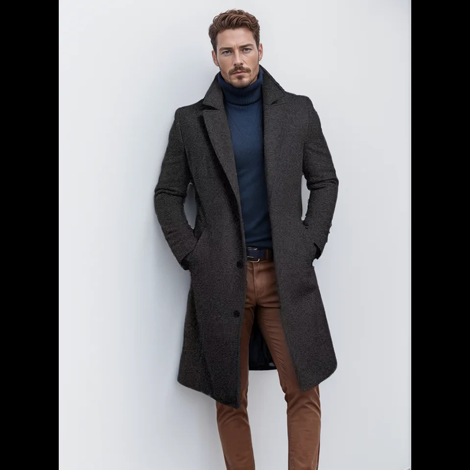 mens jacket warm midlength solid color autumn and winter woolen coat young 240830