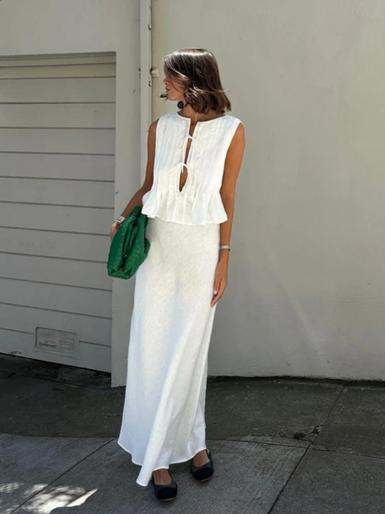 Elegant White Cotton Linen Pleated Tops Two Piece Sets For Women Casual Sleeveless Lace-up Vest Dress Sets Holiday Beach Outfits 240815