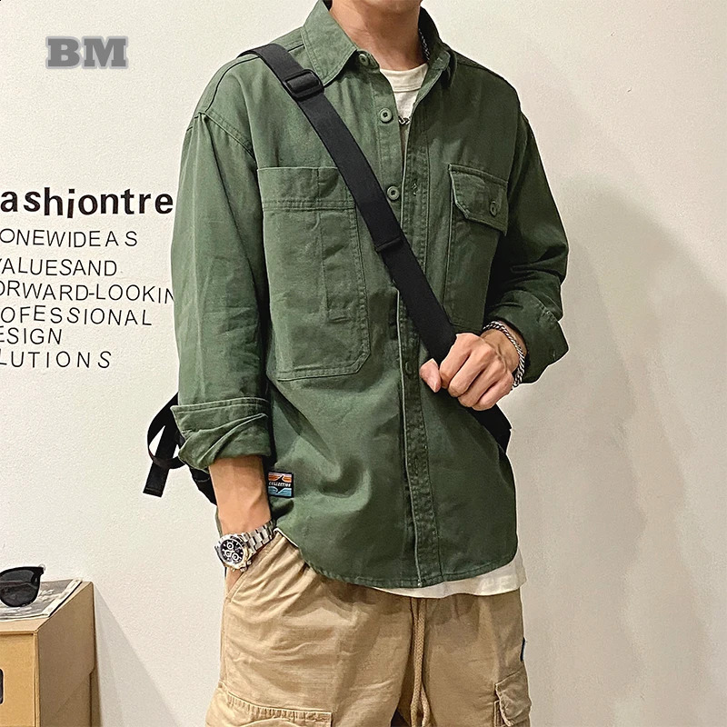 Spring Autumn Japanese Streetwear Retro Casual Shirts Men Harajuku High Quality Cargo Coat Plus Size Pure Cotton Long Sleeves 240815