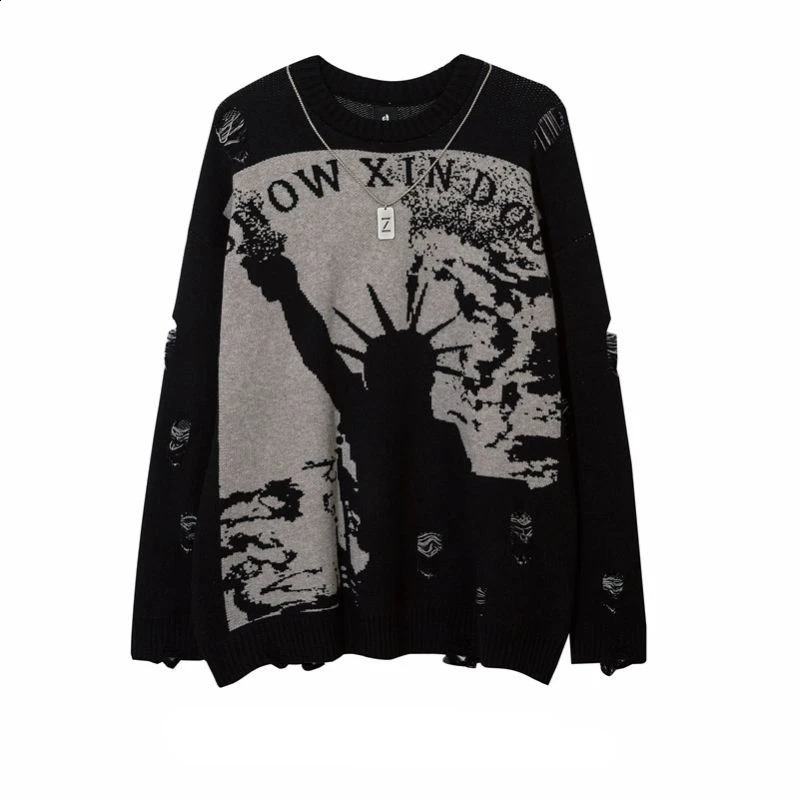 American hole torn Pullover Liberty O-neck mens premium loose long sleeved couple knitted sweater for spring 240814