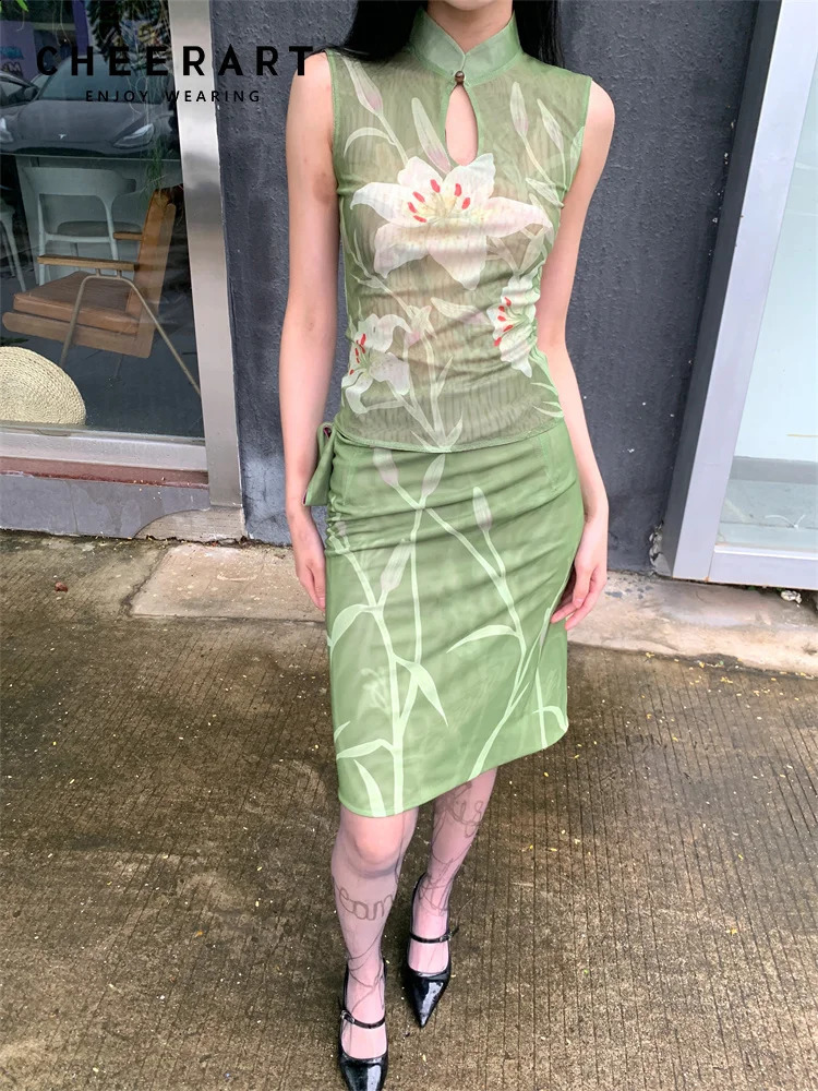 Terrart en deux pièces set pour les femmes élégant tenue d'été verte lily floral haut vintage top et jupe ensemble de dames vêtements 240815