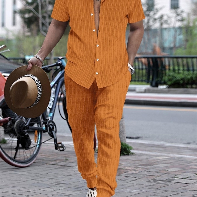 2024 Summer Thin Mens Casual Lapel Solid Color Micro Stretch Shirt Loose Striped Short Sleeve Pants Beach Suit y240814