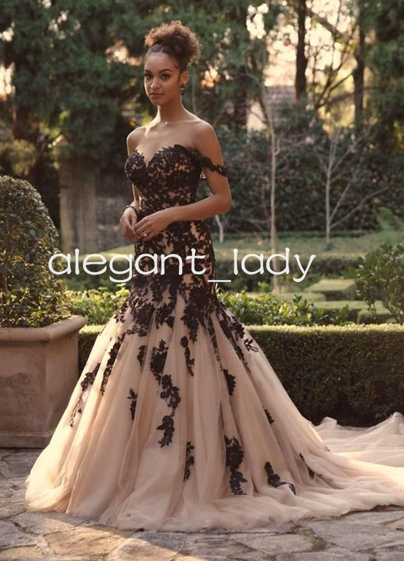 Robe de mariée sirène gothique, Champagne noir, épaules dénudées, avec des appliques, pour la plage, le jardin et la campagne