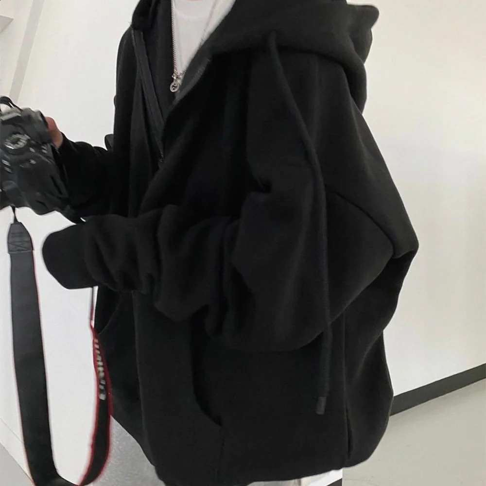 Harajuku Zip Up Hoodie Women Retro Long Sleeve Oversized Solid Color Hoodies Autumn Korean Style Pocket Drawstring Sweatshirt 240822