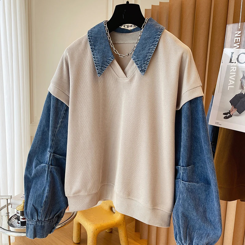 Sweats-shirts de couture en denim Polo Contraste Piloulle Femmes Femmes Automne Spring Automne mince Sweat à sweat coréen Version Casual INS TOPS