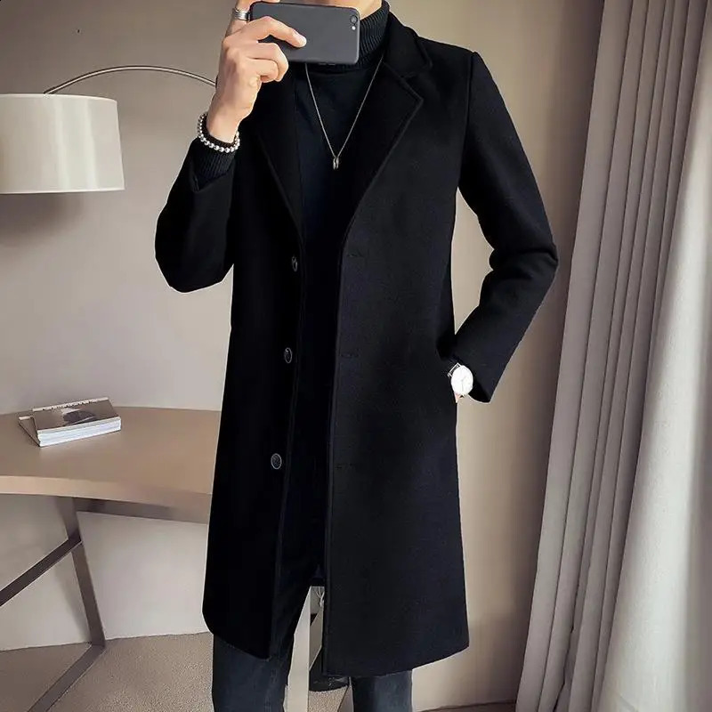 Autumn Winter Woolen Midlength Overcoat Mens Fashion Slim Casual Coat Windbreakers Men Tops Jackets Male Clothes 240814